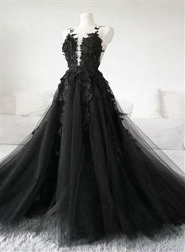 Picture of Black Color Tulle Party Dresses with Lace Long Formal Dresses, Pretty Black Color Evening Dresses